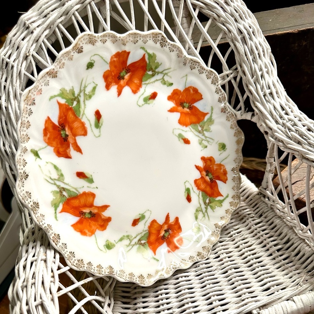 Bavarian China Plate PUNCH Poppies Vintage Romance Dainty Gold Lace Accents